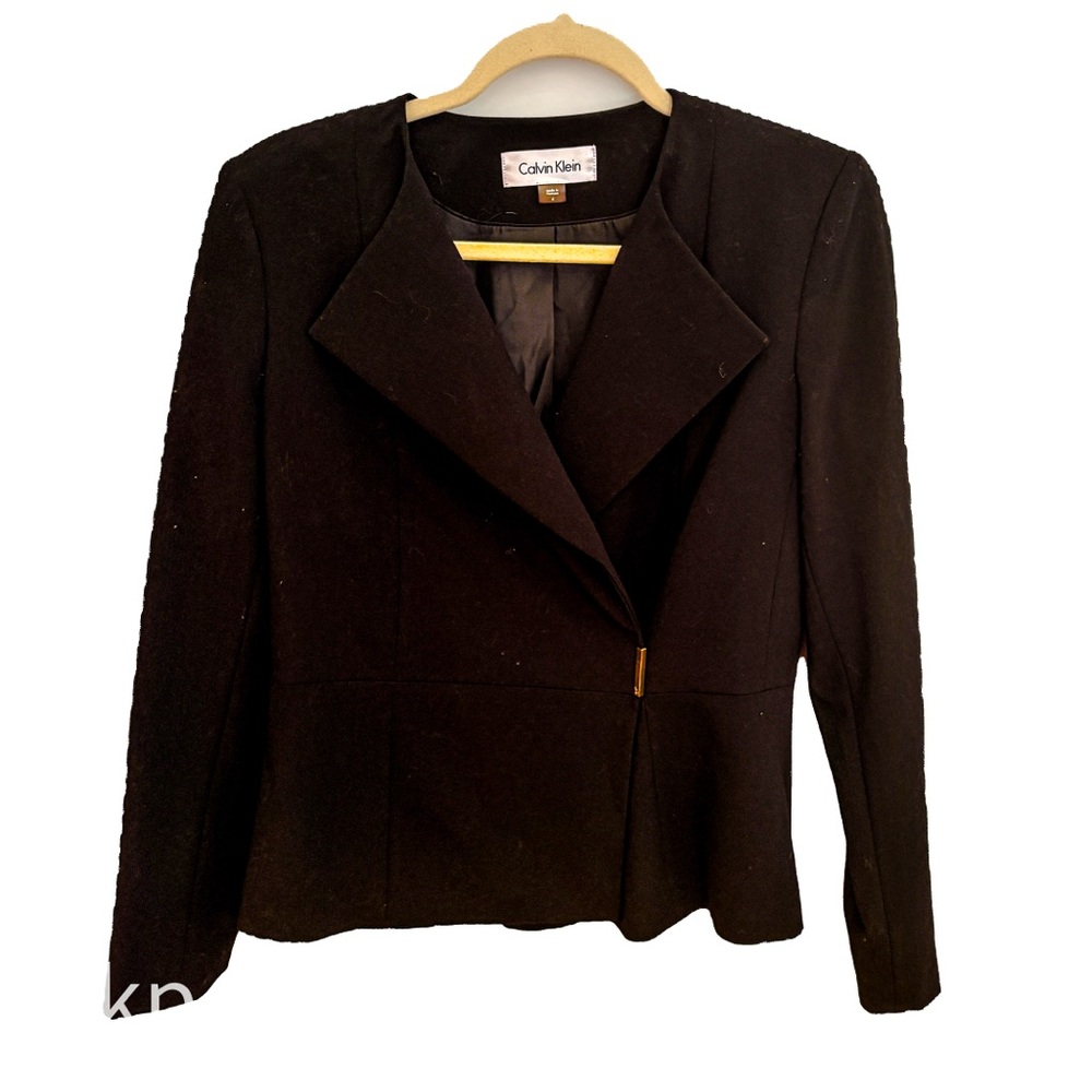 Calvin Klein Black Blazer Size 4 | Gold Bar Closure | Classic Fitted
